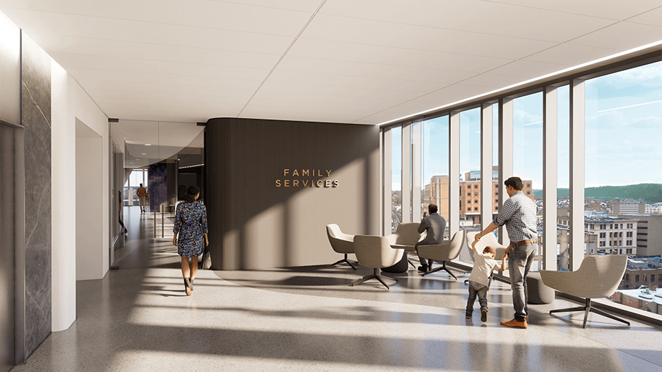 An interior rendering of the UPMC Presbyterian expansion Family Services entryway.